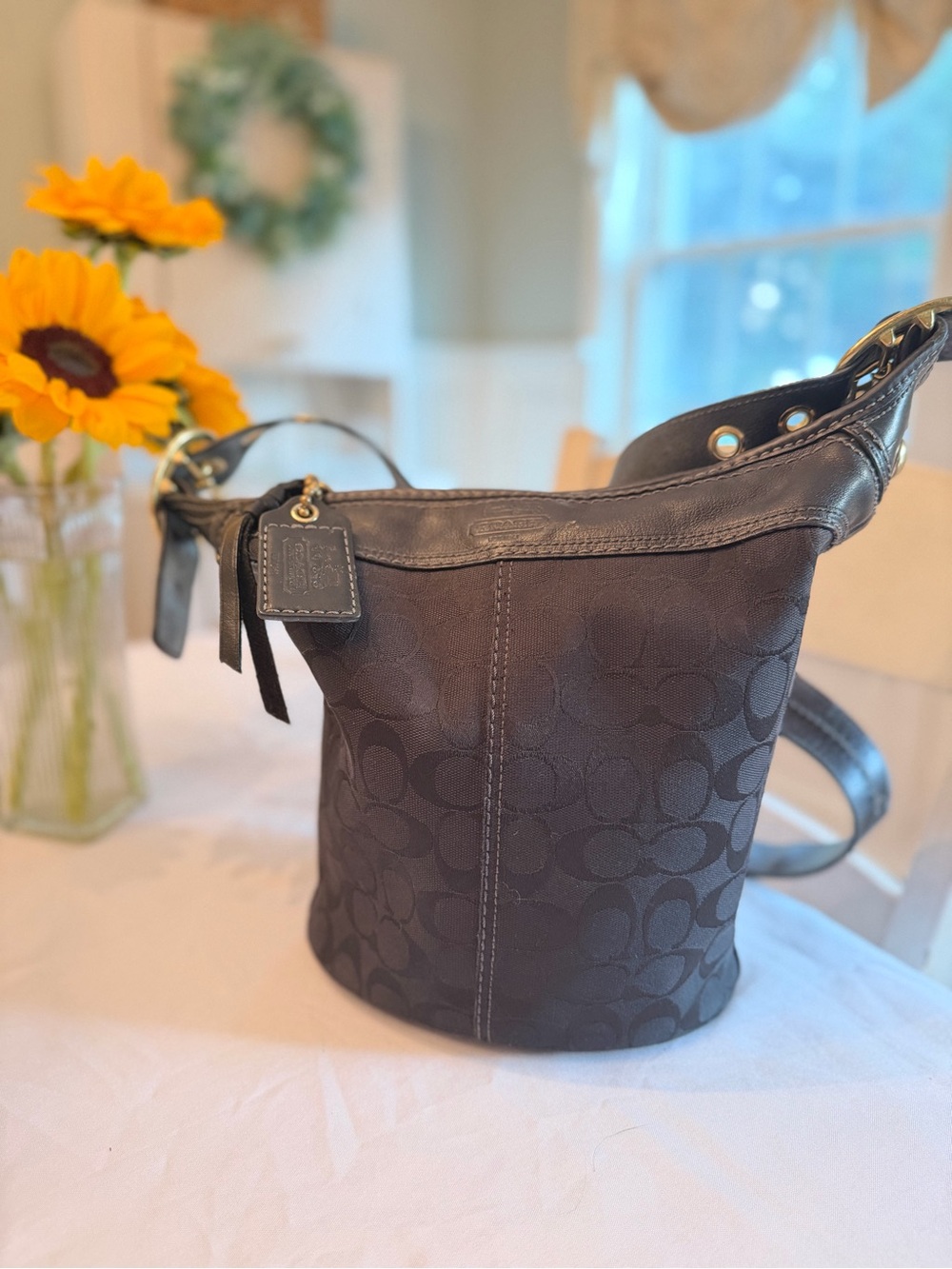 Black Coach Signature Jacquard Leather Trim Hino Shoulder Bag Purse EUC